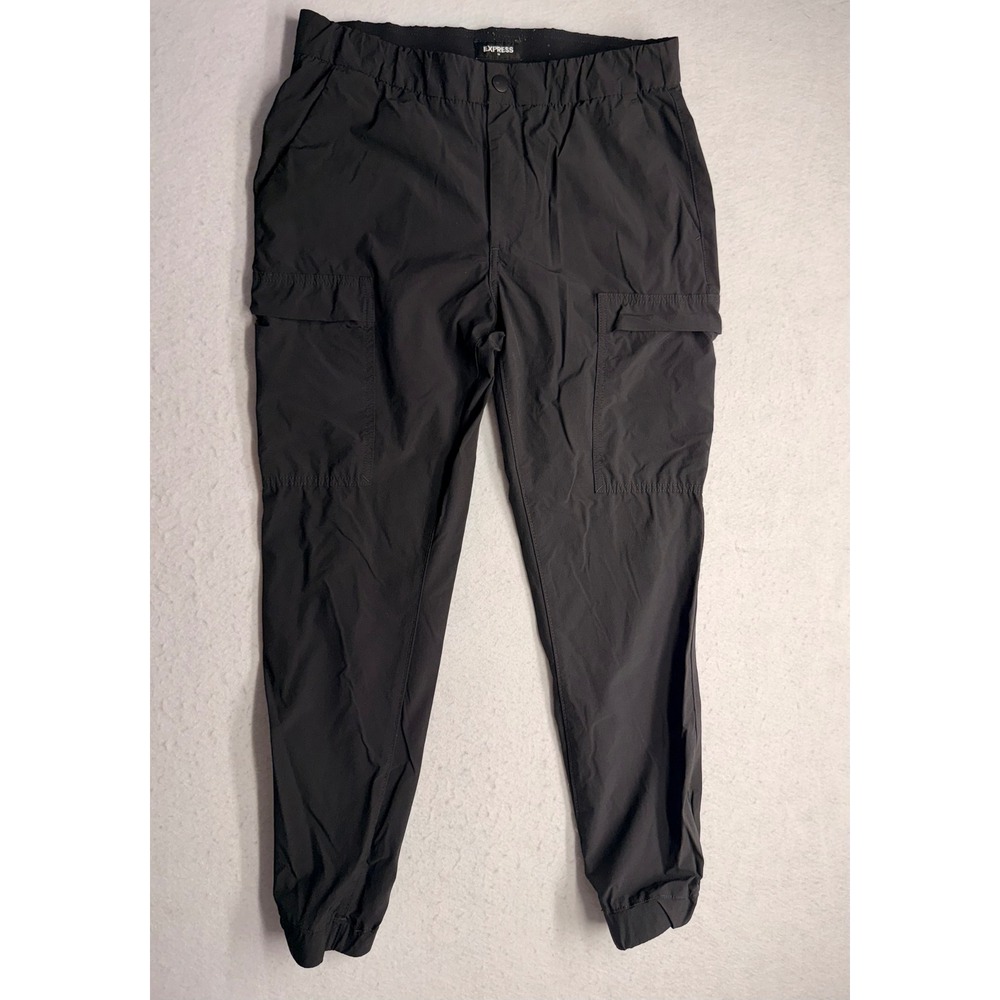 Express Men Performance Cargo Joggers Black Stretch Nylon Tapered Pants Size M